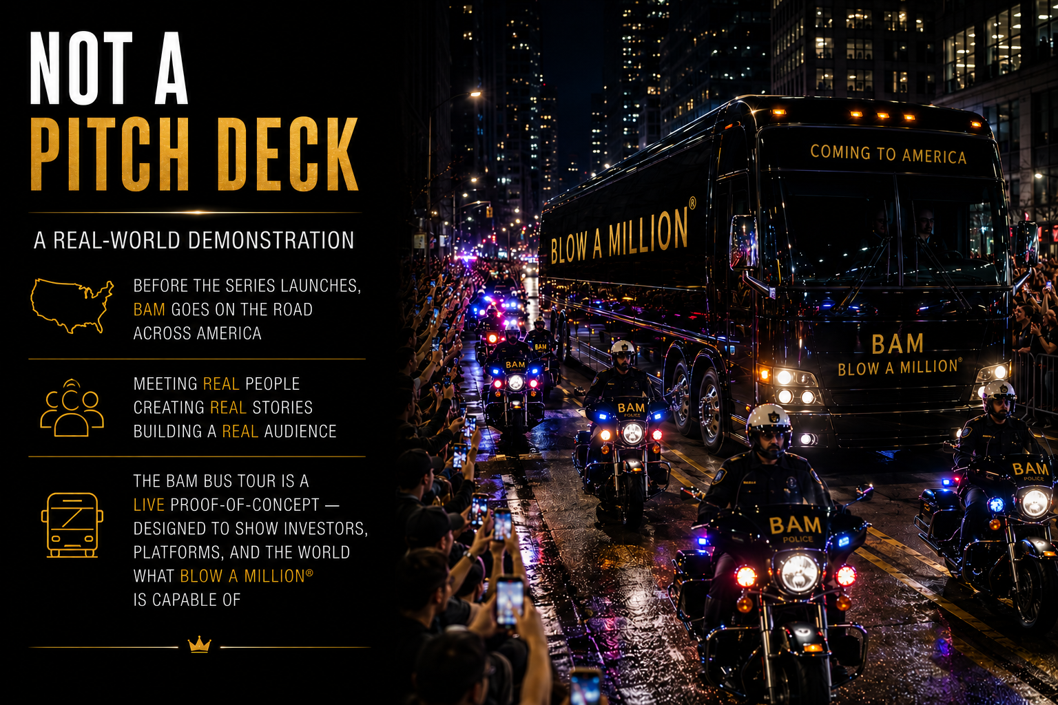 The BAM Bus arriving in a major American city with crowds and police outriders