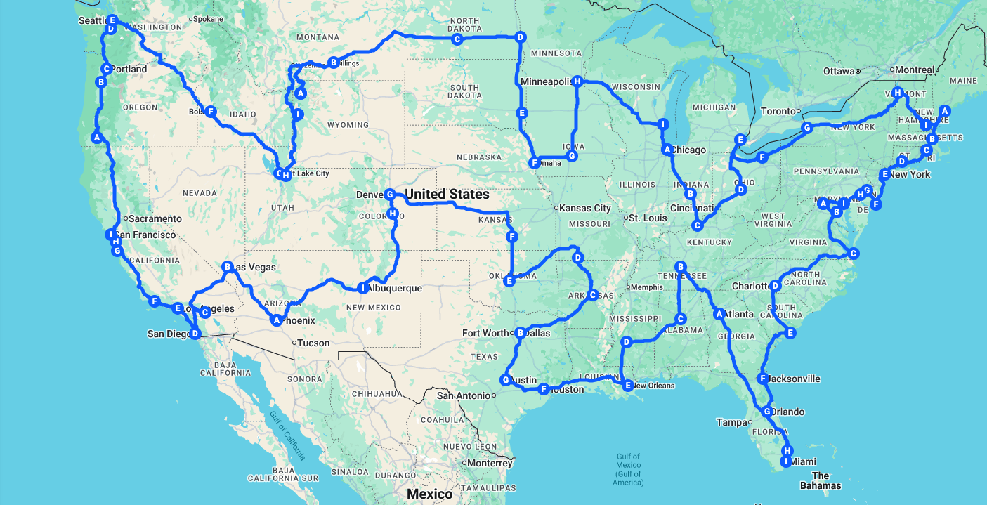 The official BAM Bus Tour route across all 48 contiguous states, starting and finishing in Austin, Texas