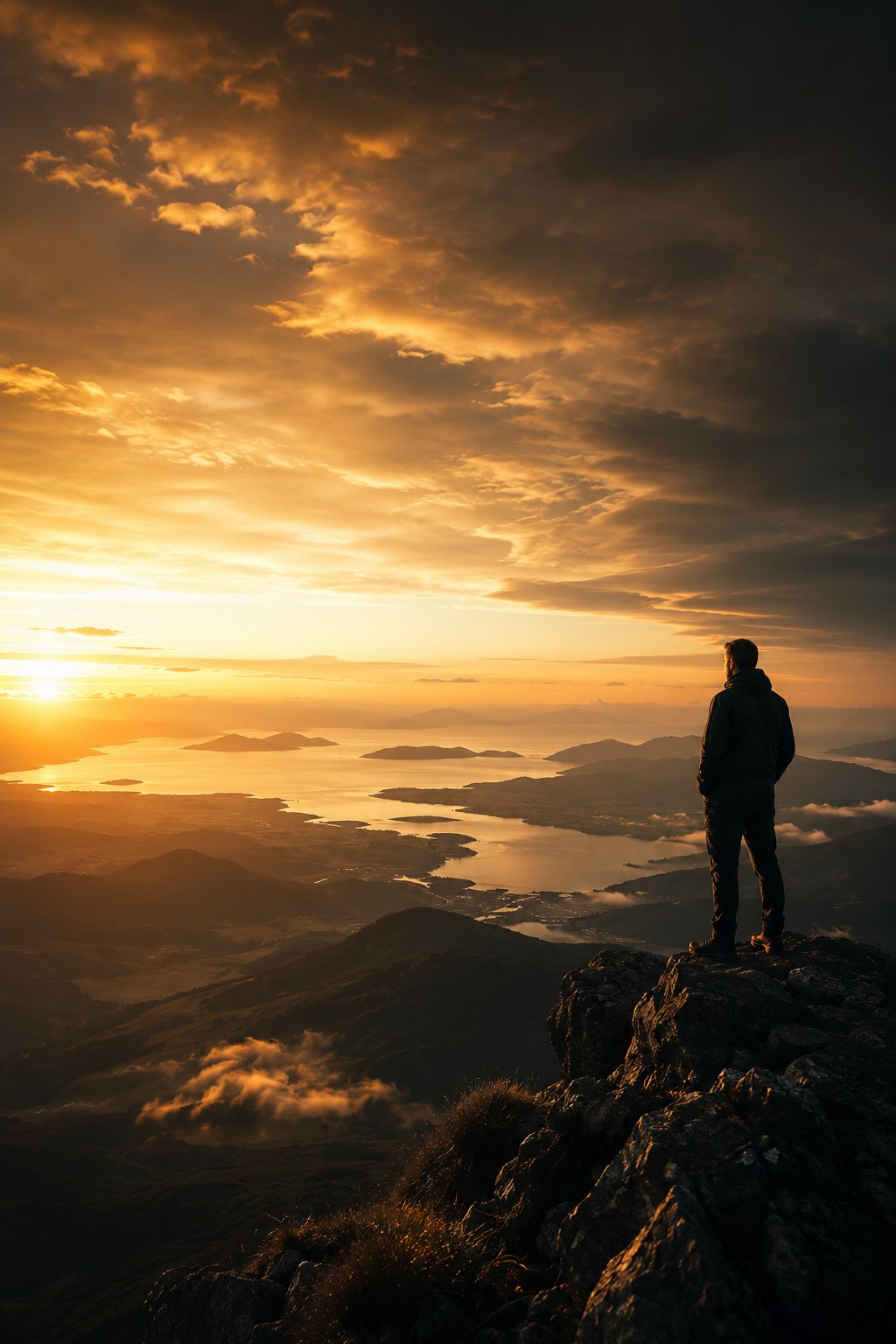 A man on a summit at sunrise, looking out across a vast landscape