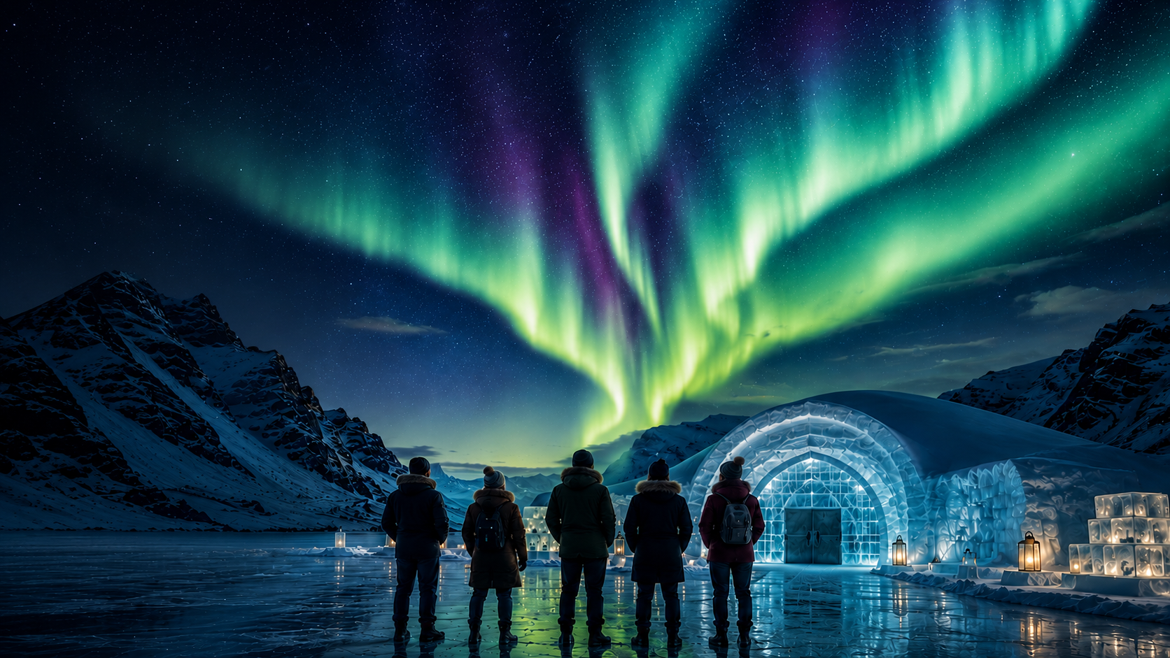 Five BAM contestants at the ICEHOTEL under the aurora