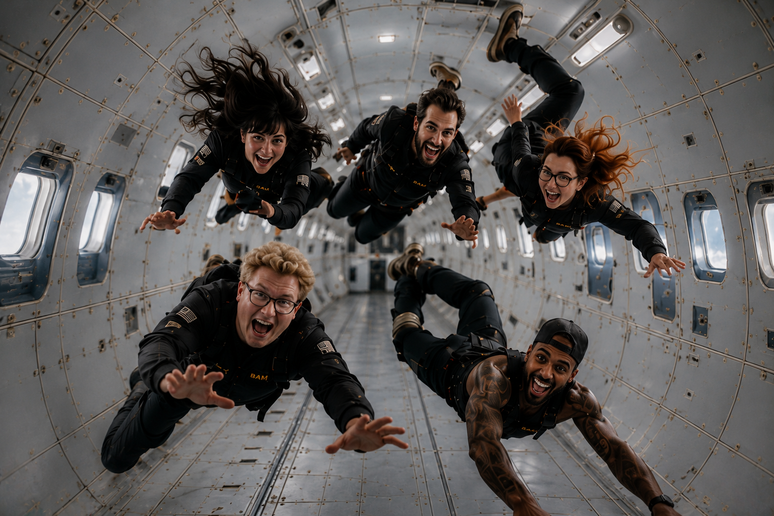 Five BAM contestants weightless on a Zero-G flight